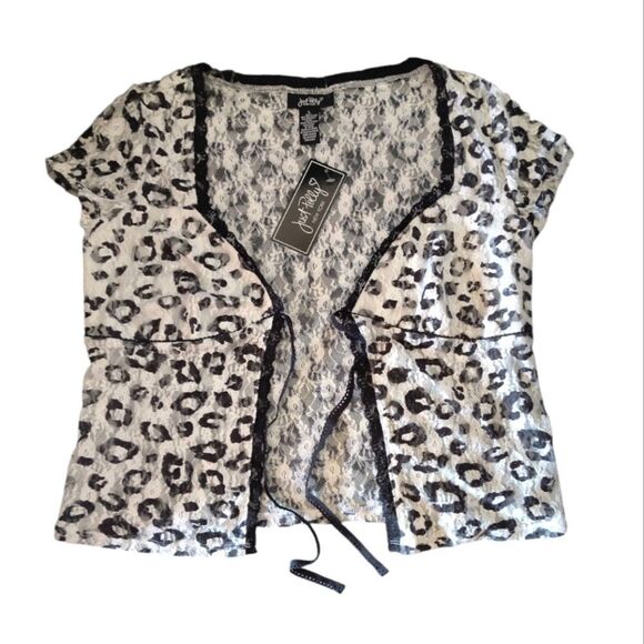 Just Polly White Black Animal Print Short Sleeve Tie Front Lace Top Large NWT - Picture 6 of 10